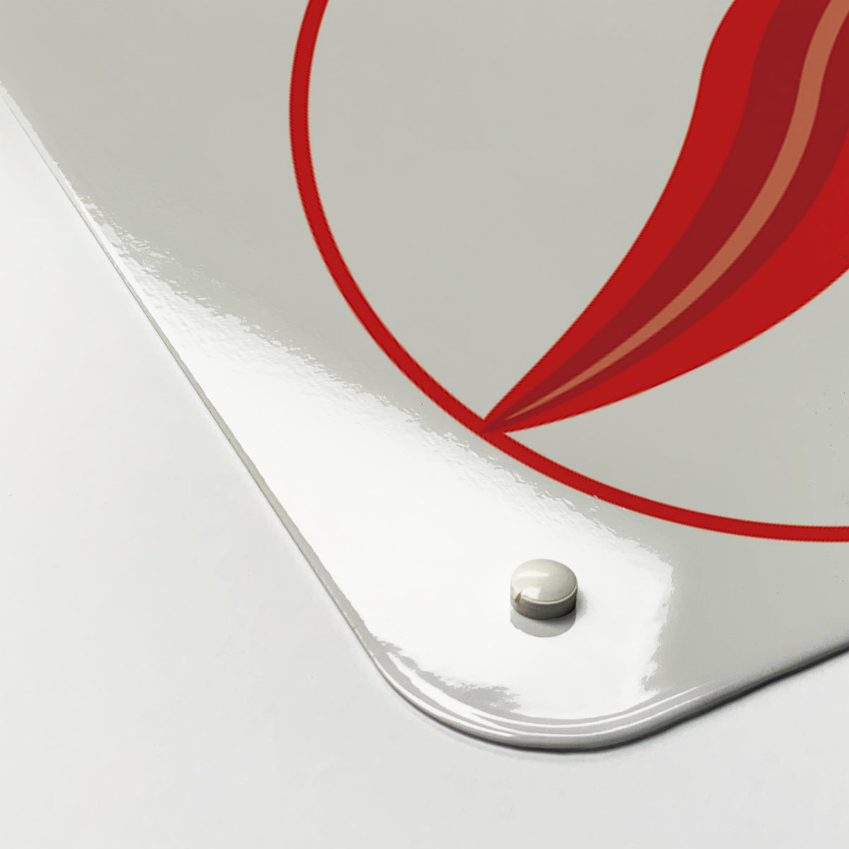 Close-up of the corner of the Marbles magnetic notice board in Marbles on White, showing the gloss finish and a screw cap