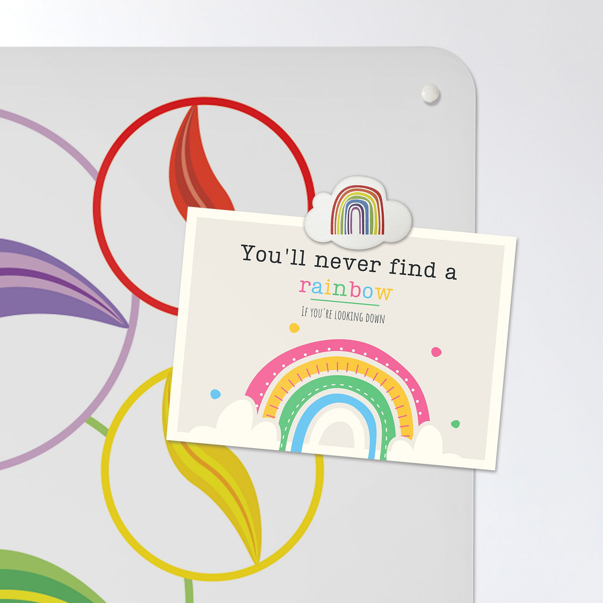 A postcard held by a fridge magnet on the Marbles magnetic notice board in Marbles on White