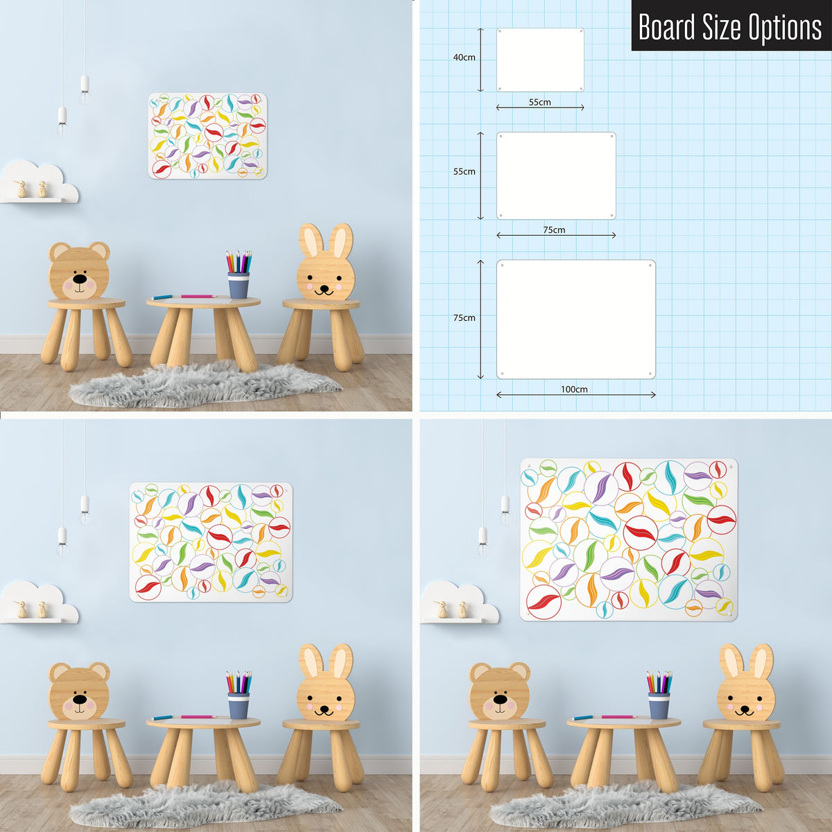 Marbles magnetic notice board in Marbles on White shown in small, medium and large, with the measurements of each