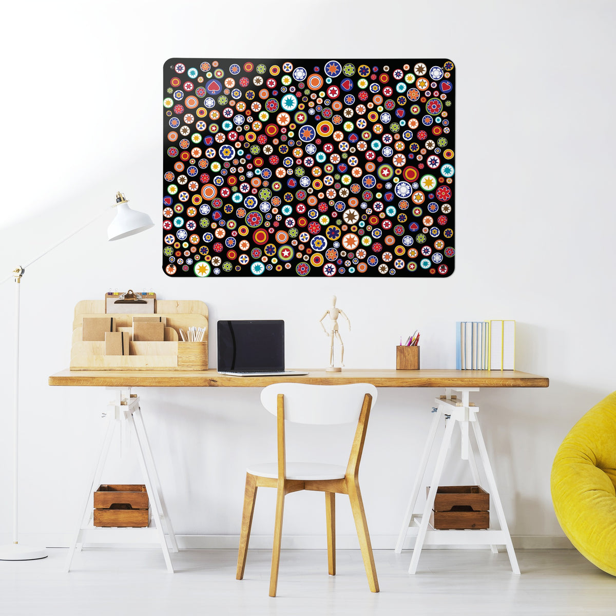 Millefiori magnetic notice board in Millefiori on Black above a desk in a home office