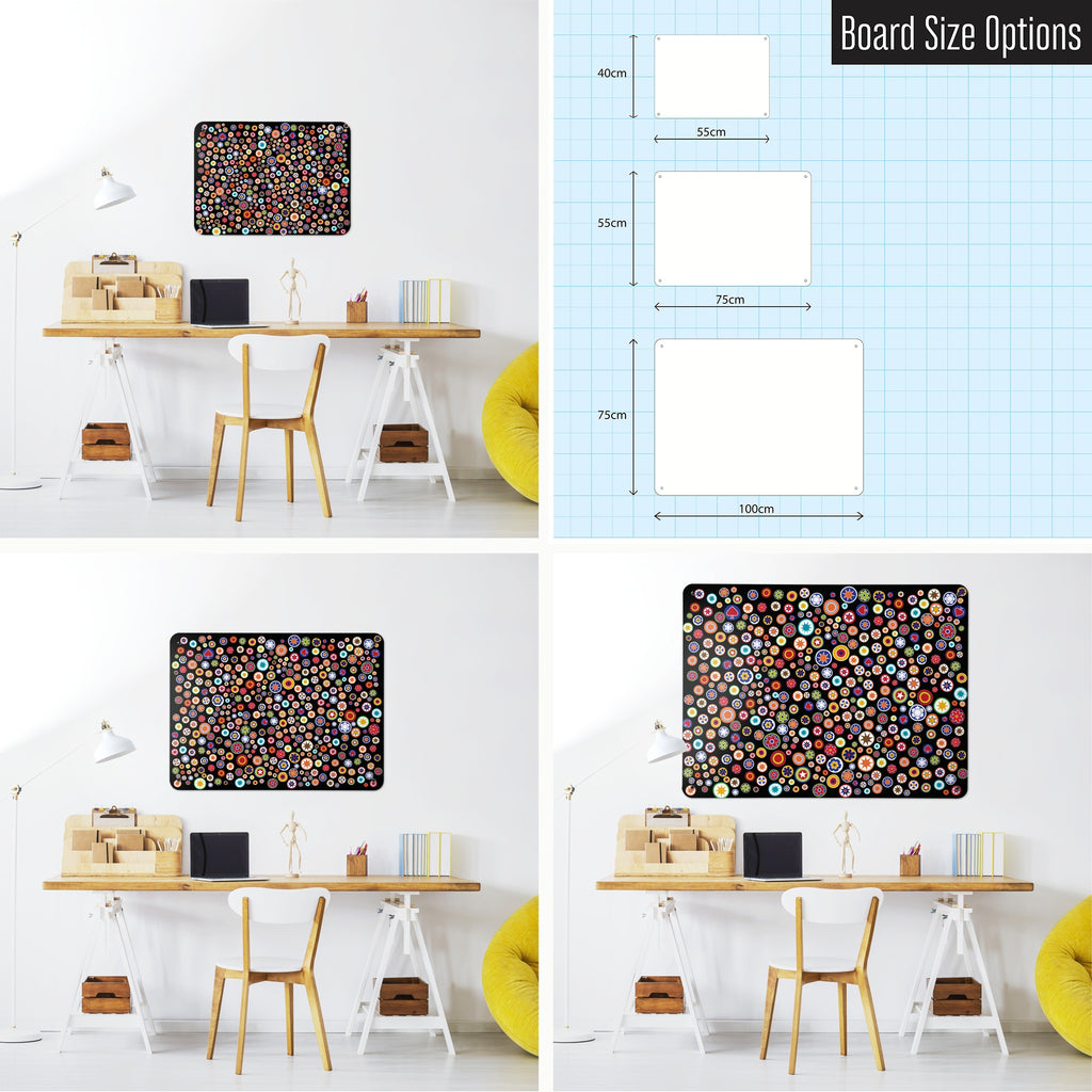 Millefiori magnetic notice board in Millefiori on Black shown in small, medium and large, with the measurements of each