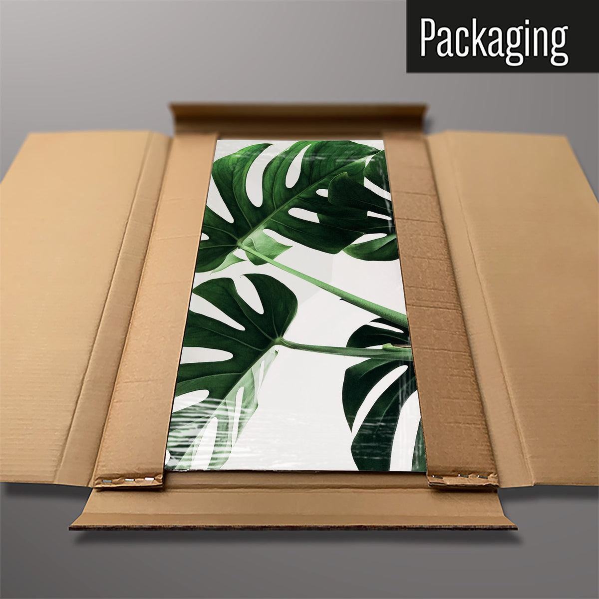 The Monstera Plant magnetic notice board packed flat in its cardboard box