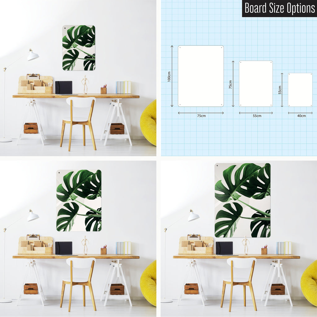 Monstera Plant magnetic notice board shown in small, medium and large, with the measurements of each
