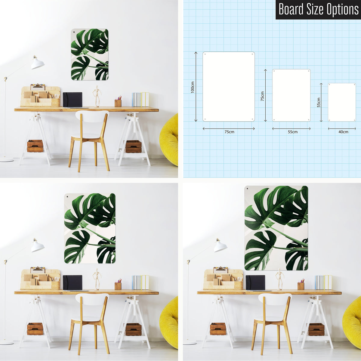 Monstera Plant magnetic notice board shown in small, medium and large, with the measurements of each