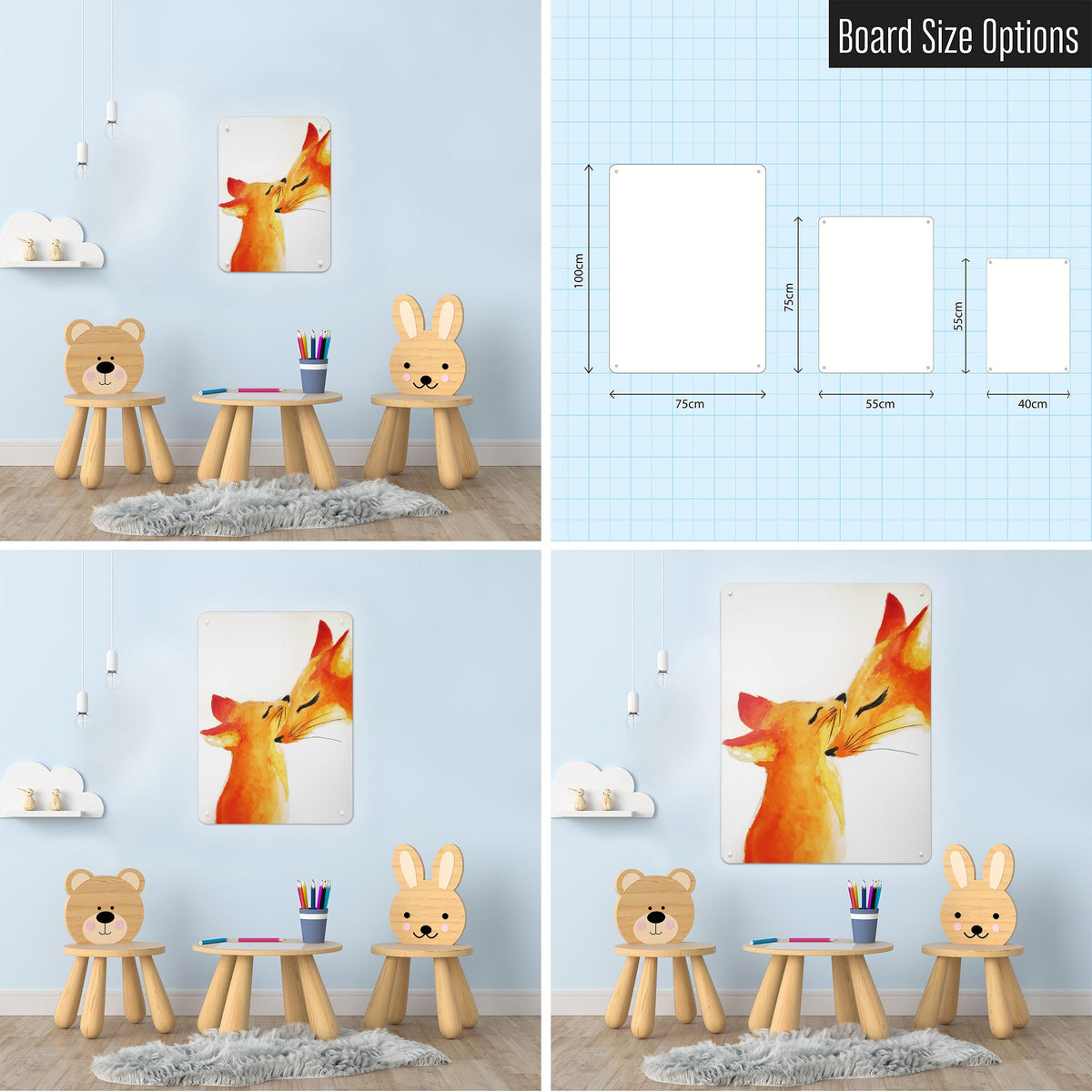 Mother Fox And Cub Watercolour magnetic notice board shown in small, medium and large, with the measurements of each