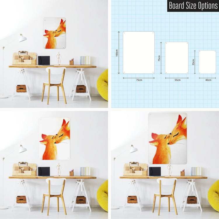 Three photographs of a workspace interior and a diagram to show size comparisons of a mother fox and cub design magnetic notice boar