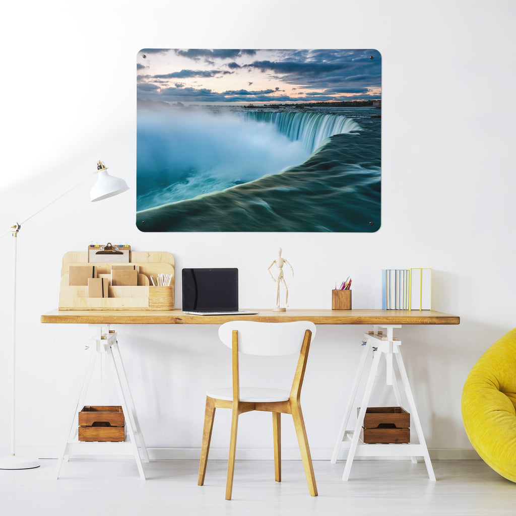 Niagara Falls magnetic notice board above a desk in a home office
