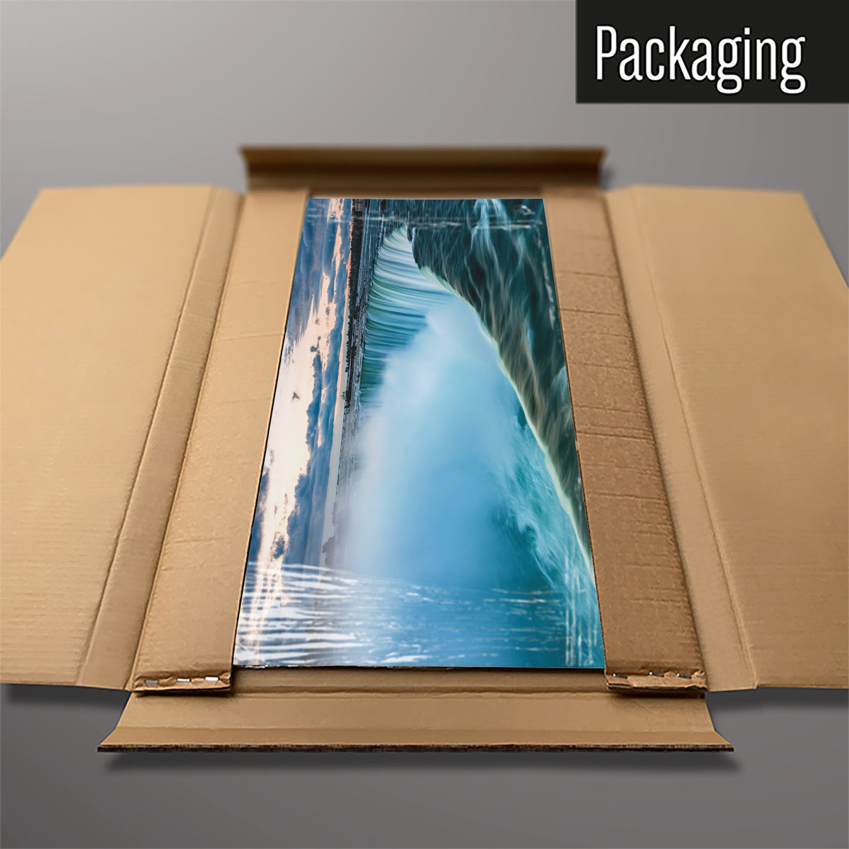 The Niagara Falls magnetic notice board packed flat in its cardboard box