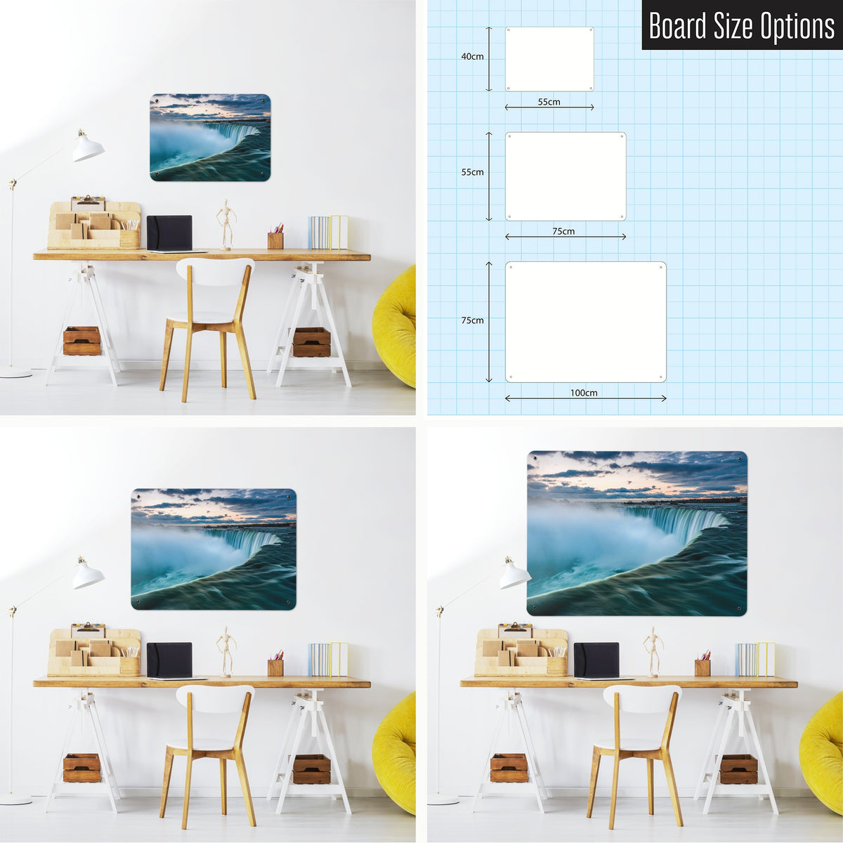 Niagara Falls magnetic notice board shown in small, medium and large, with the measurements of each