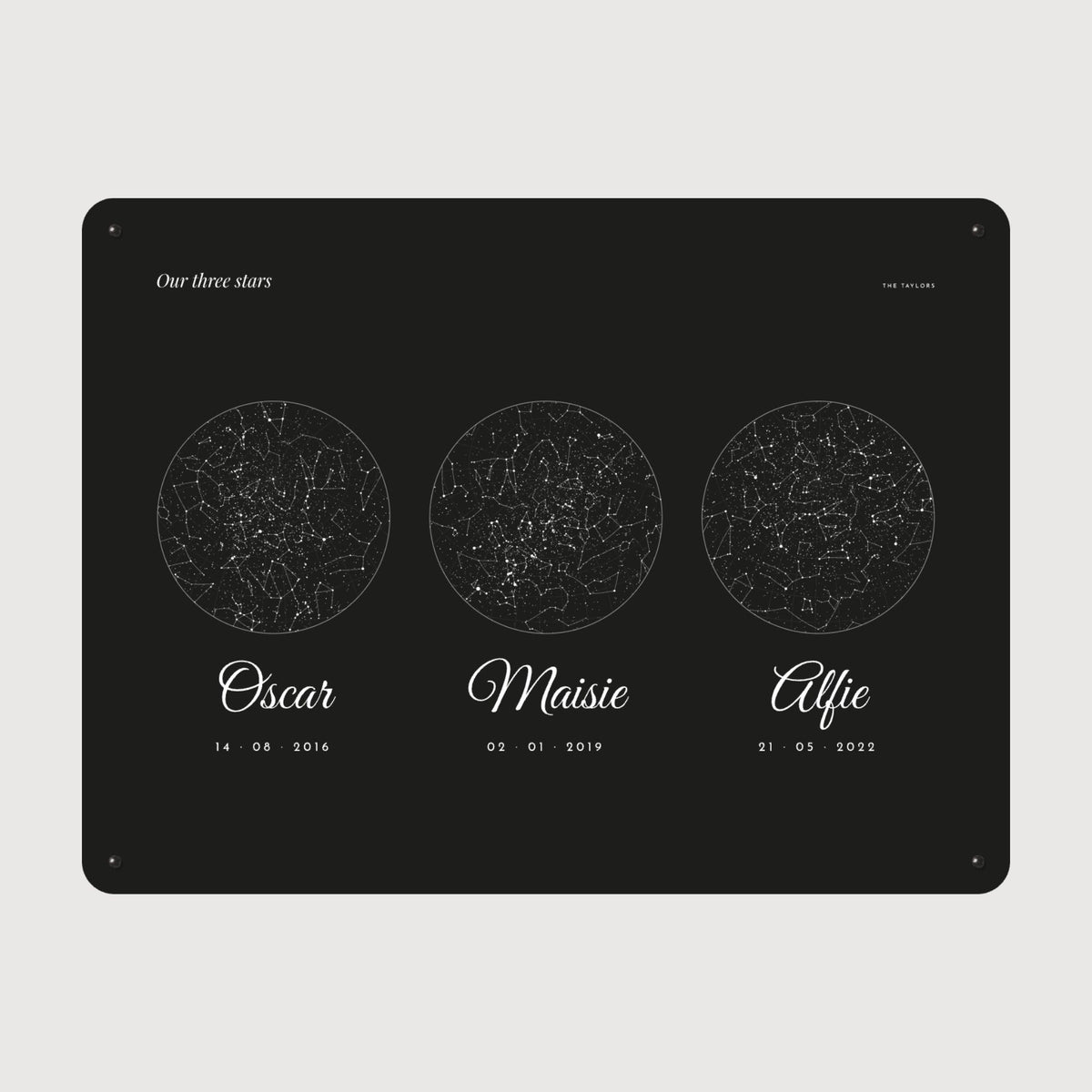 An Our three stars night sky board with three names and dates