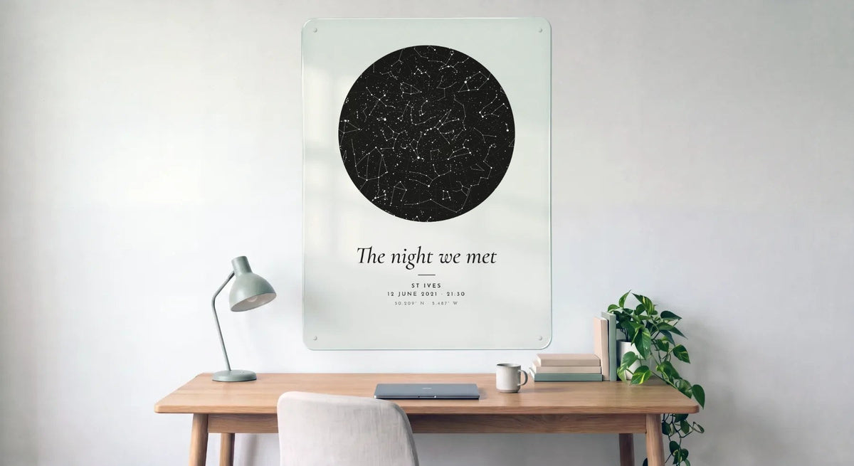 A personalised night sky board above a desk: the stars over St Ives on the night we met