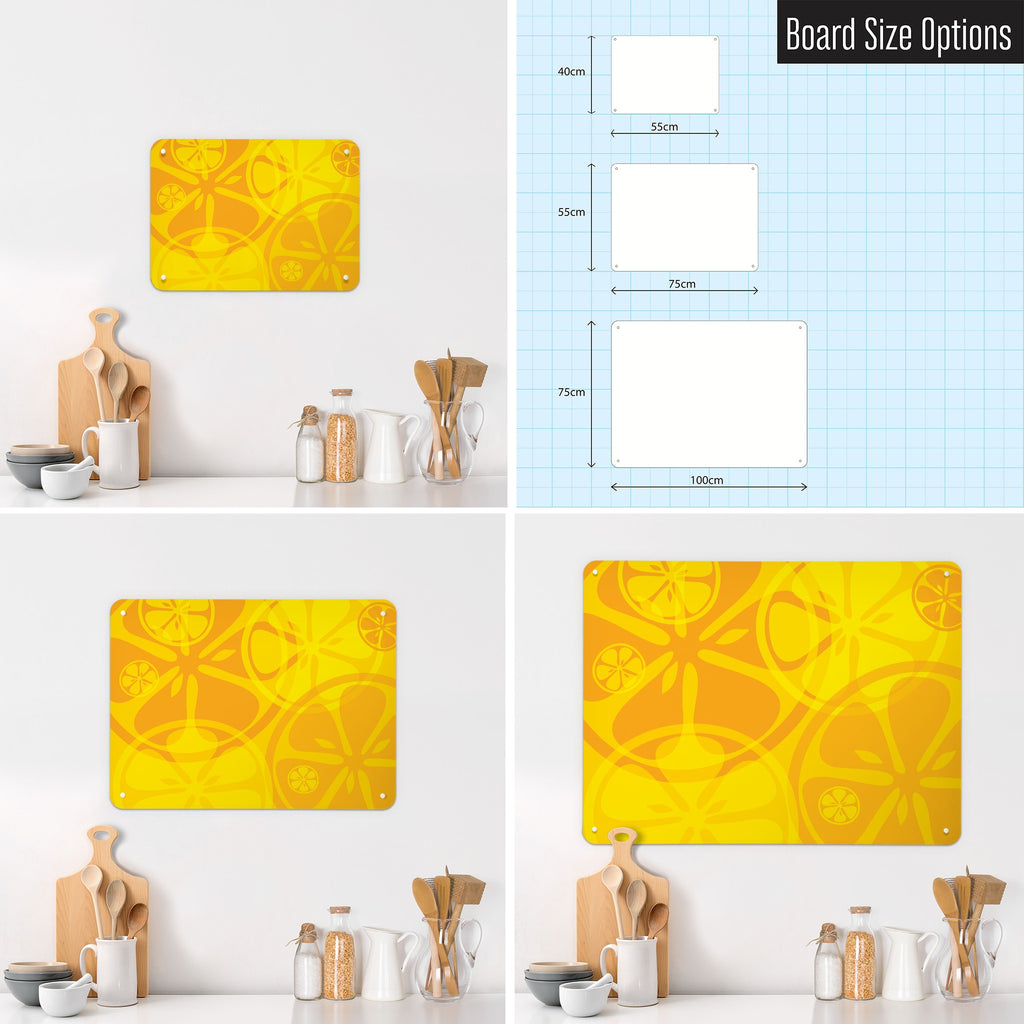 Oranges And Lemons magnetic notice board in Oranges and Lemons shown in small, medium and large, with the measurements of each