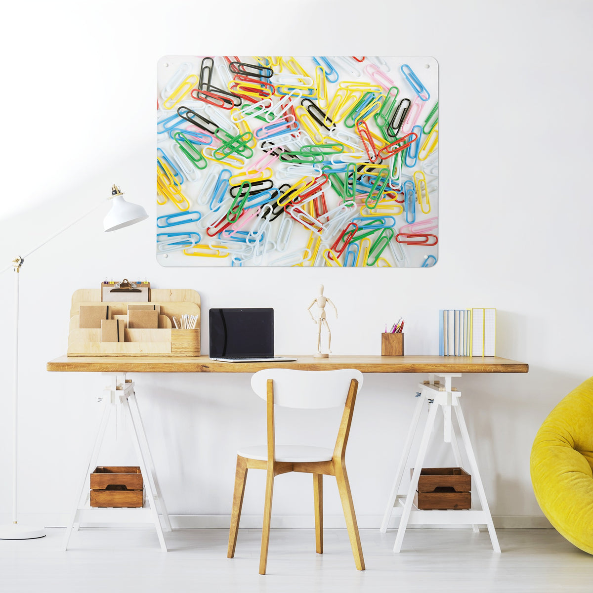 Paper Clips magnetic notice board in Paper Clips above a desk in a home office