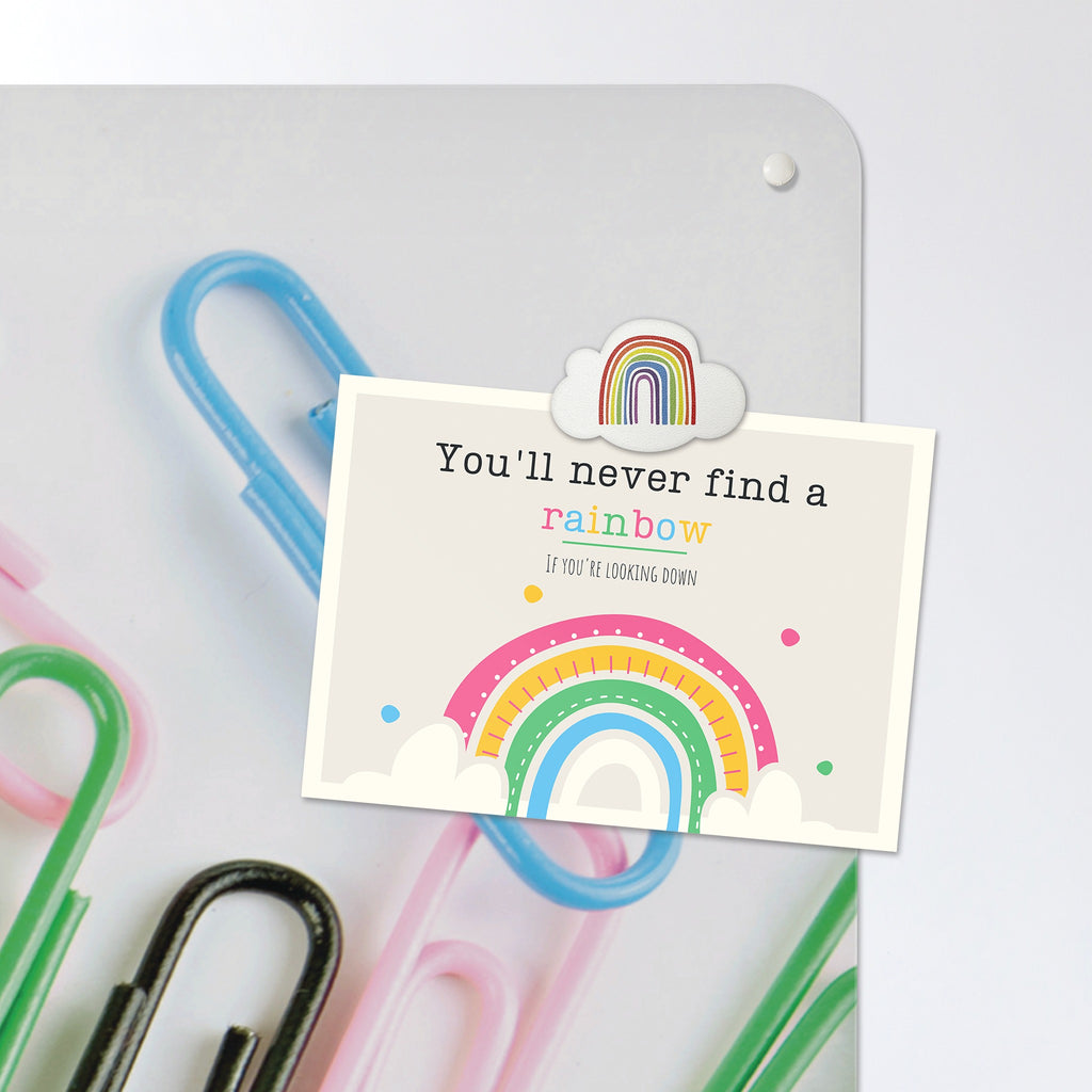 A postcard held by a fridge magnet on the Paper Clips magnetic notice board in Paper Clips