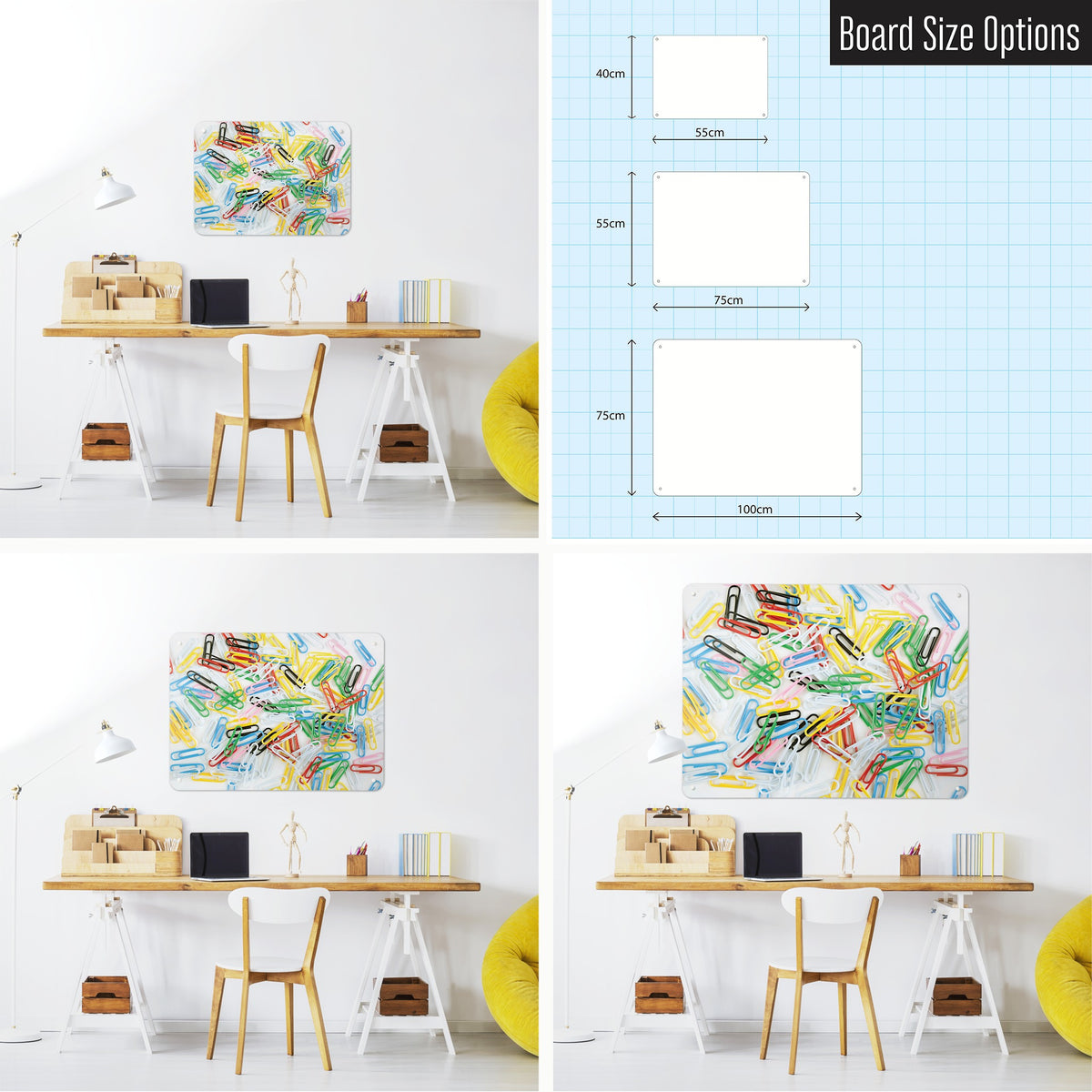 Paper Clips magnetic notice board in Paper Clips shown in small, medium and large, with the measurements of each