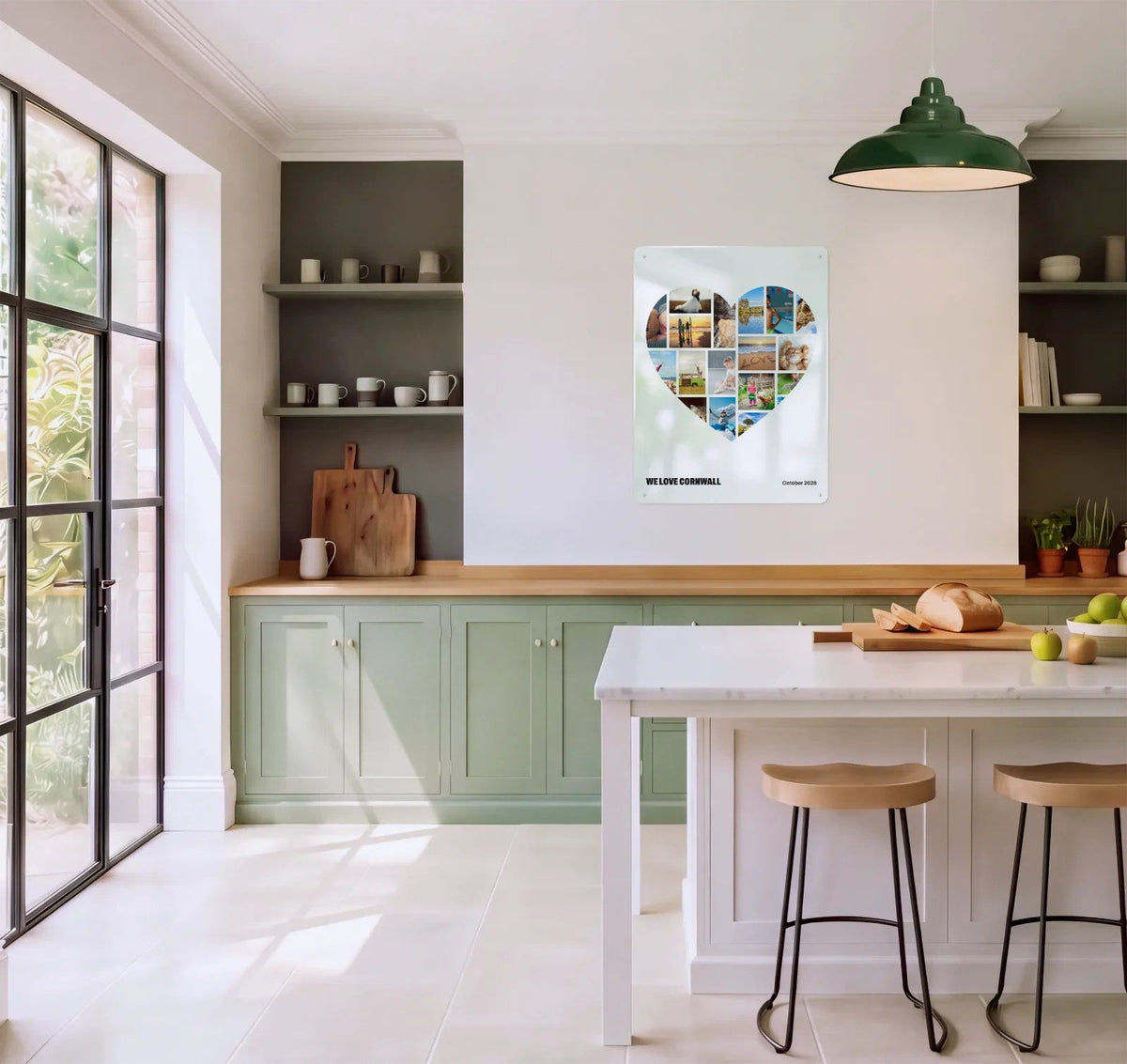 A heart-shaped photo montage board in a kitchen