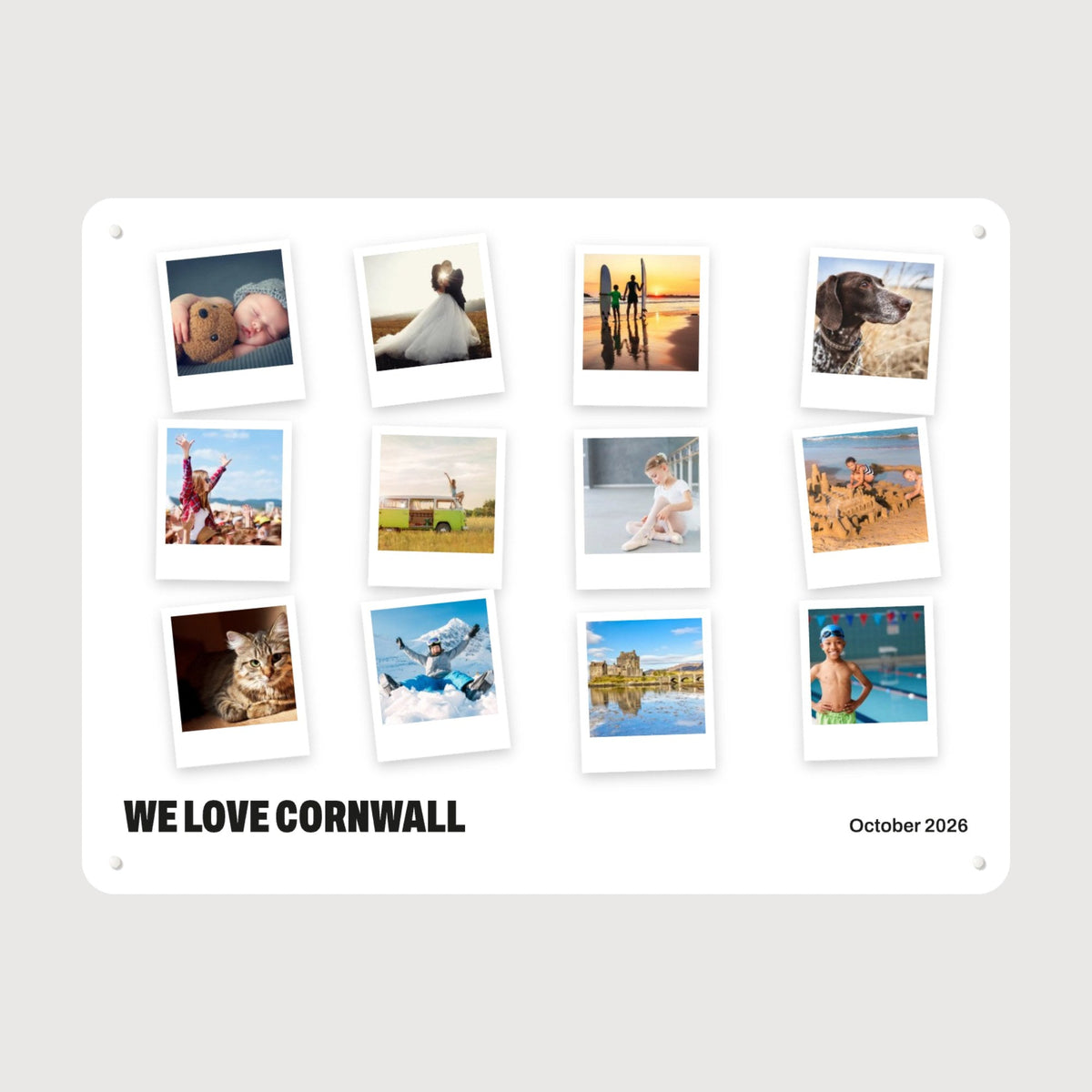 A photo montage board with photos scattered as prints
