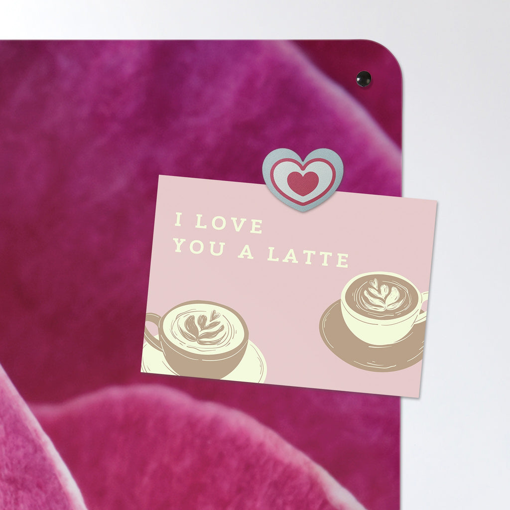 A postcard held by a fridge magnet on the Pink Rose magnetic notice board in Pink Rose