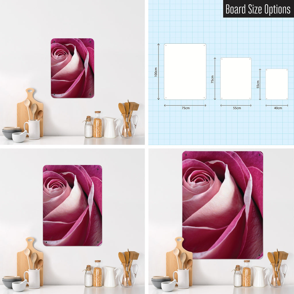 Pink Rose magnetic notice board in Pink Rose shown in small, medium and large, with the measurements of each
