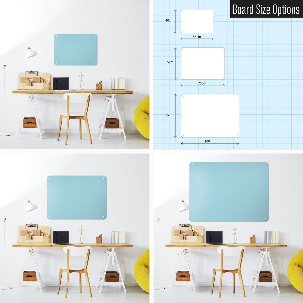 Plain Blue magnetic notice board shown in small, medium and large, with the measurements of each