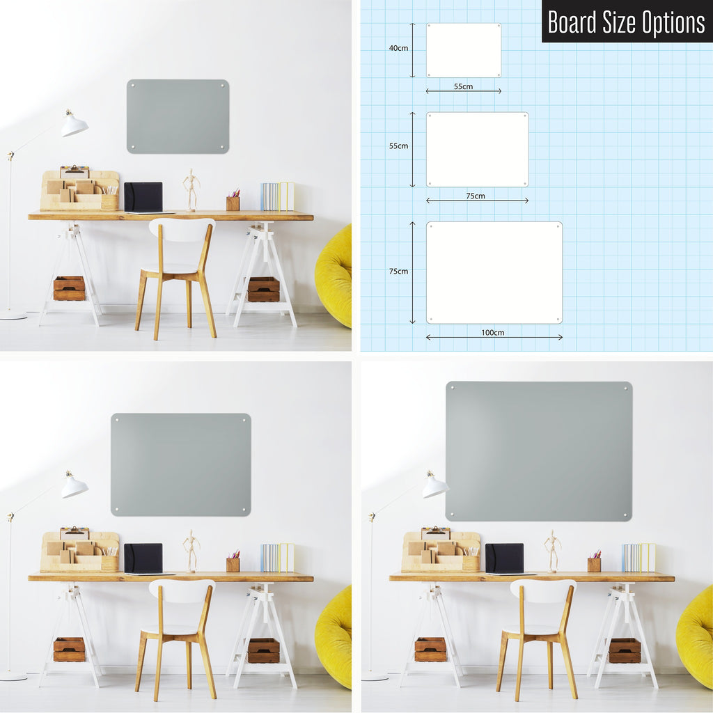 Plain Grey magnetic notice board shown in small, medium and large, with the measurements of each