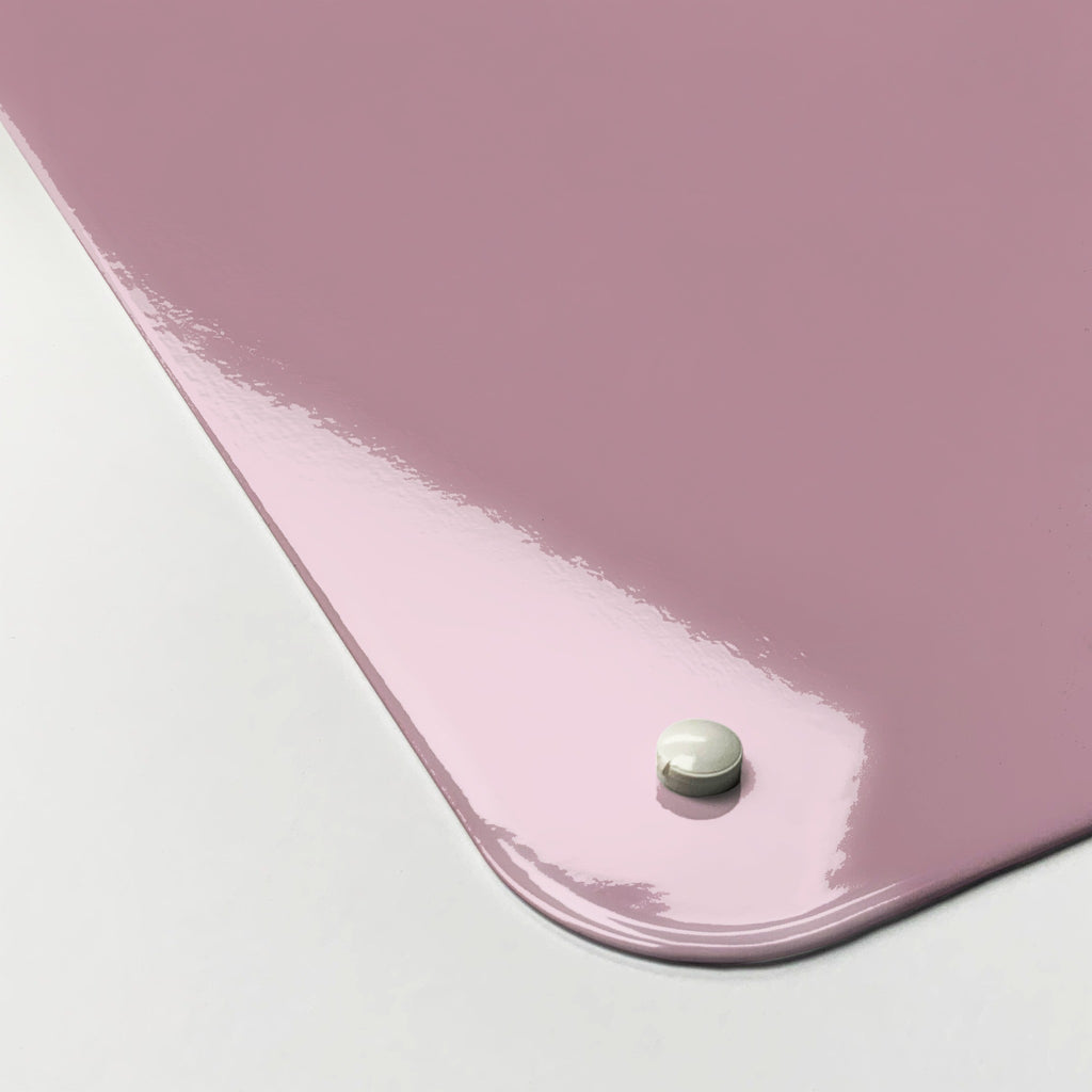 Close-up of the corner of the Plain Pink magnetic notice board, showing the gloss finish and a screw cap