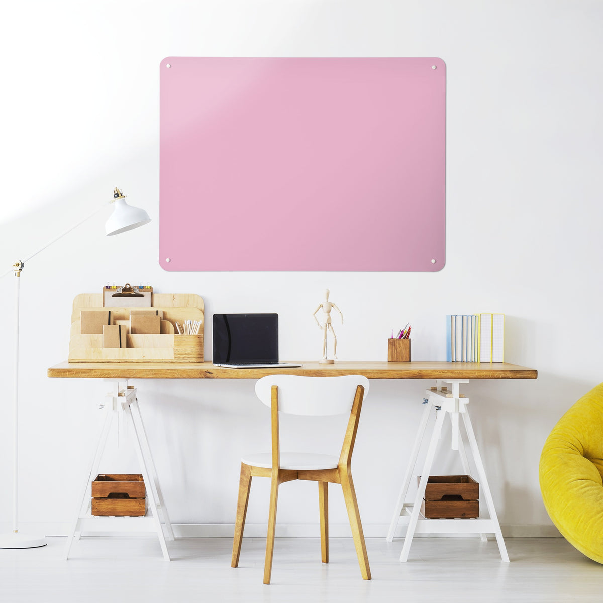 Plain Pink magnetic notice board above a desk in a home office