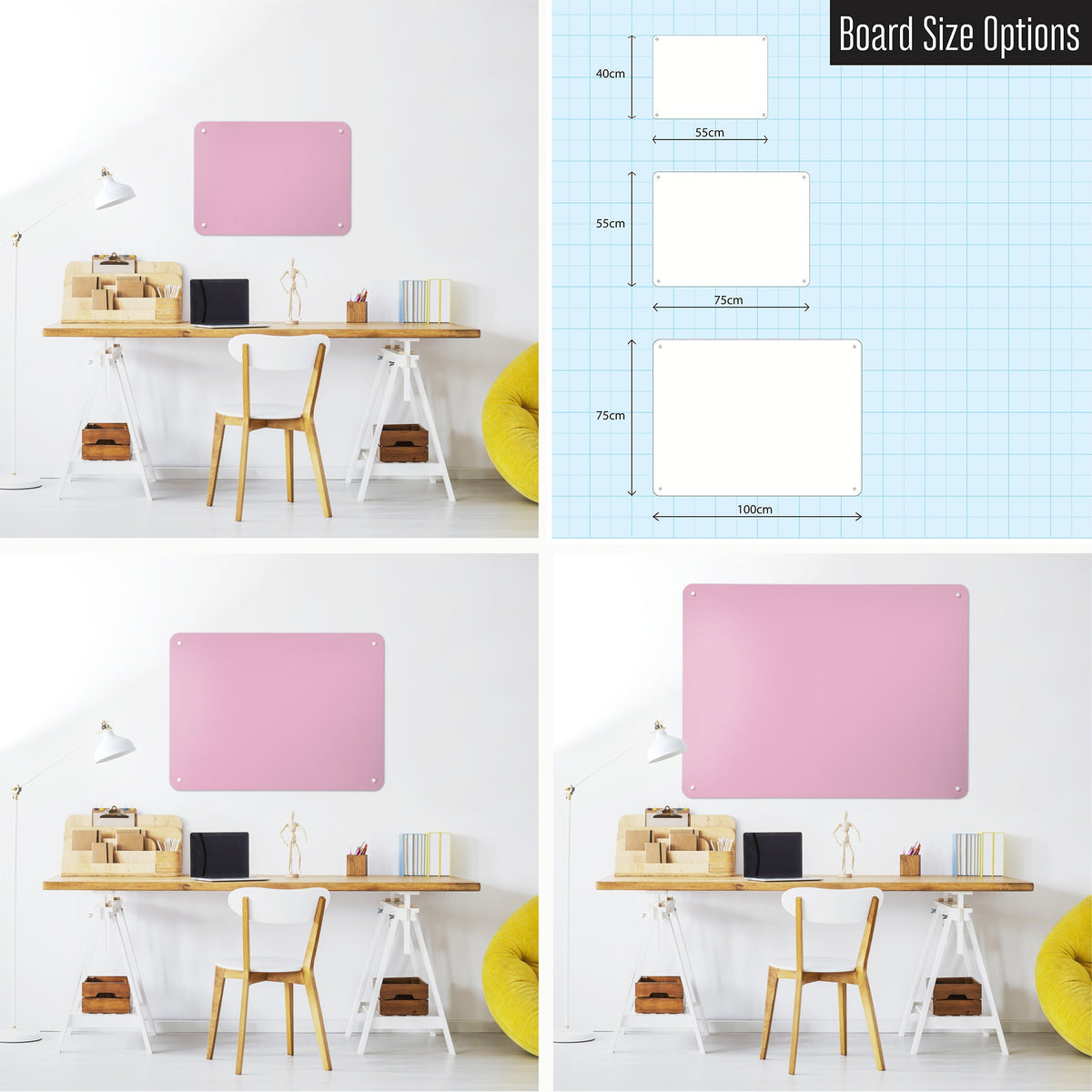 Plain Pink magnetic notice board shown in small, medium and large, with the measurements of each
