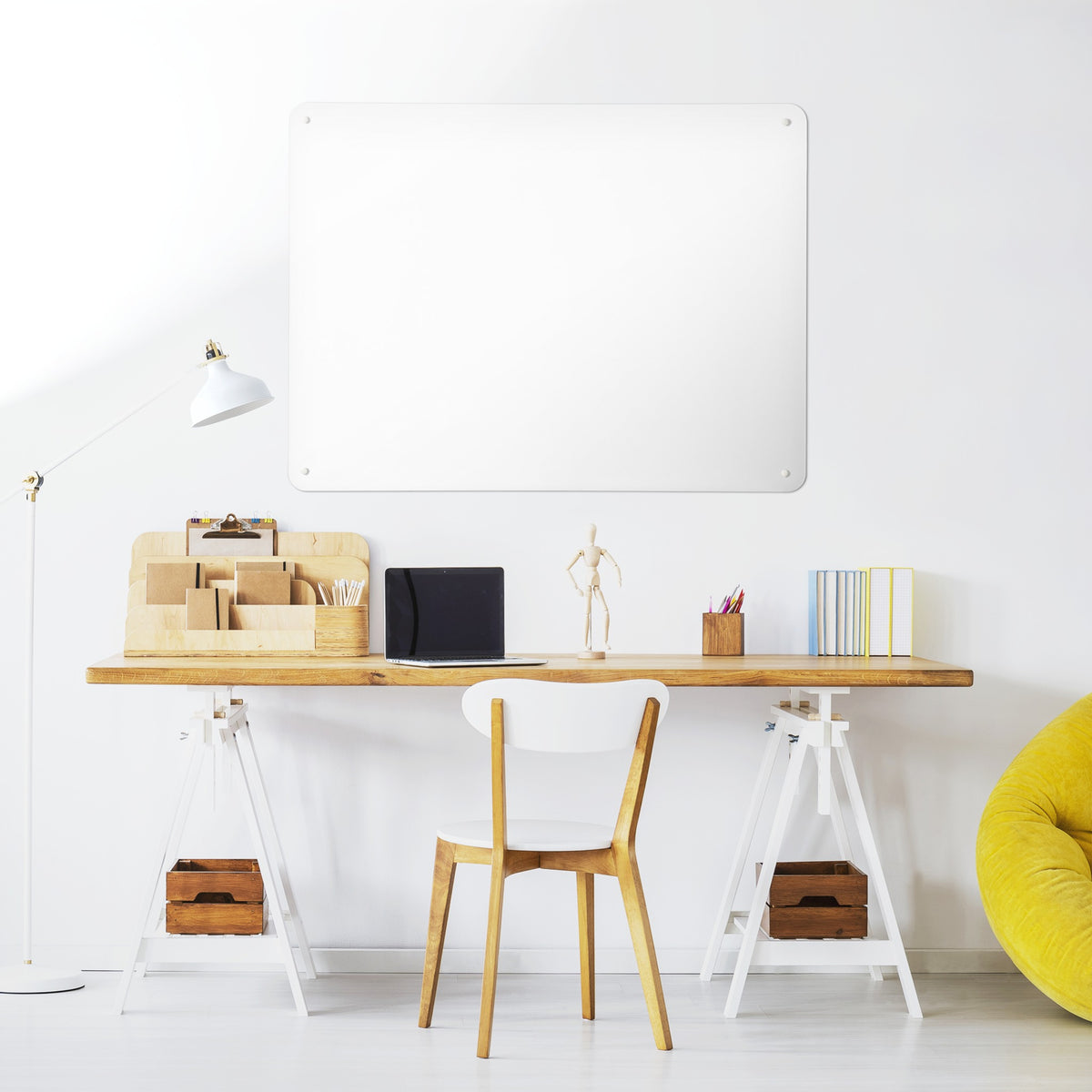 Plain White magnetic notice board above a desk in a home office