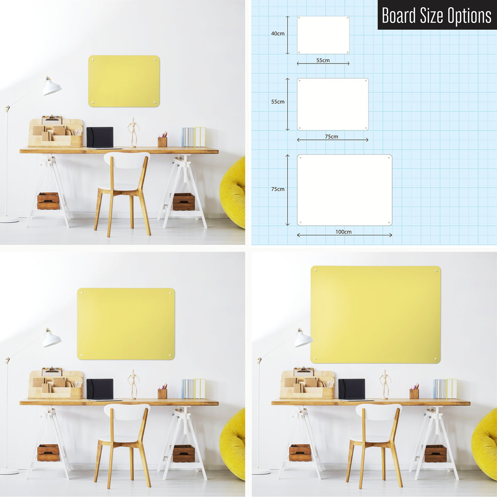 Plain Yellow magnetic notice board shown in small, medium and large, with the measurements of each