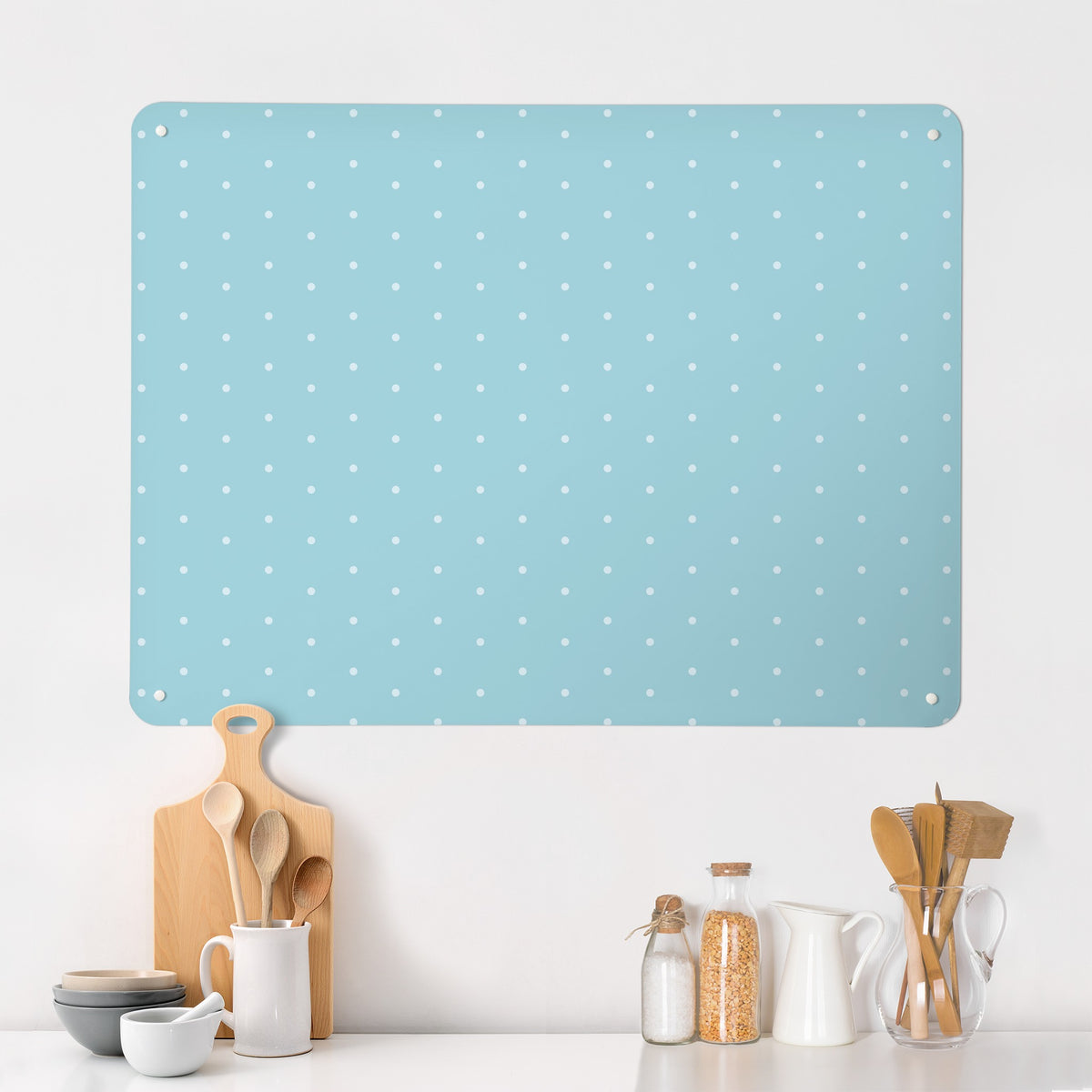Polka Dots Design magnetic notice board in Blue on a kitchen wall