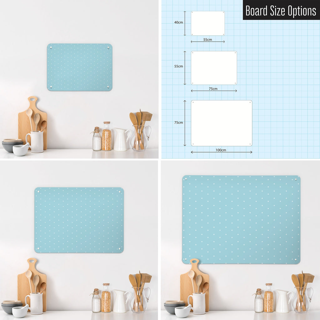 Polka Dots Design magnetic notice board in Blue shown in small, medium and large, with the measurements of each