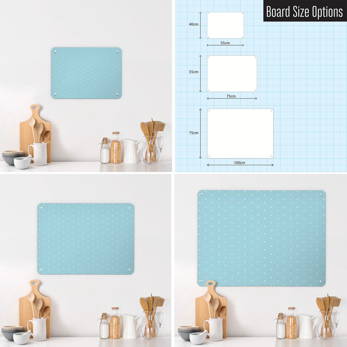 Polka Dots Design magnetic notice board in Blue shown in small, medium and large, with the measurements of each