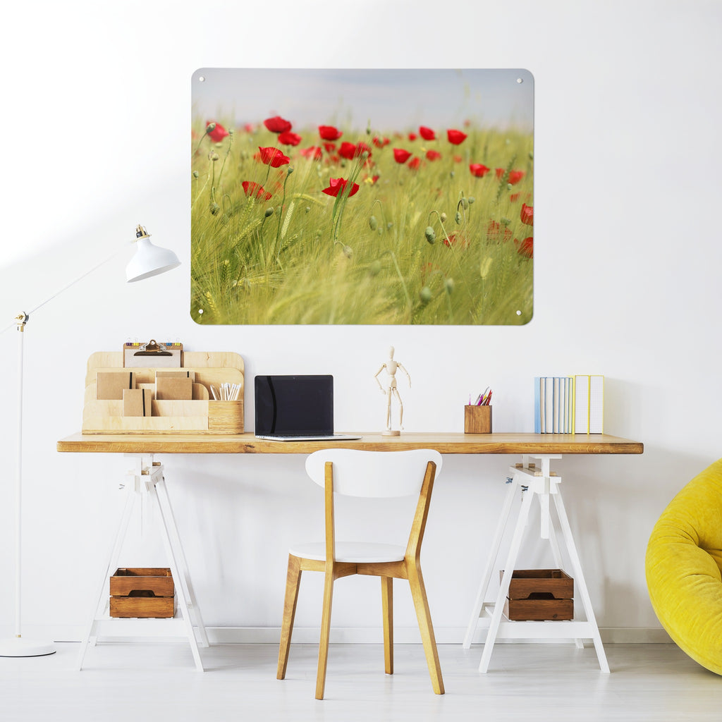 Poppy Field magnetic notice board above a desk in a home office