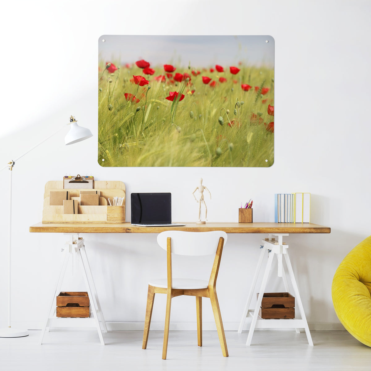 Poppy Field magnetic notice board above a desk in a home office