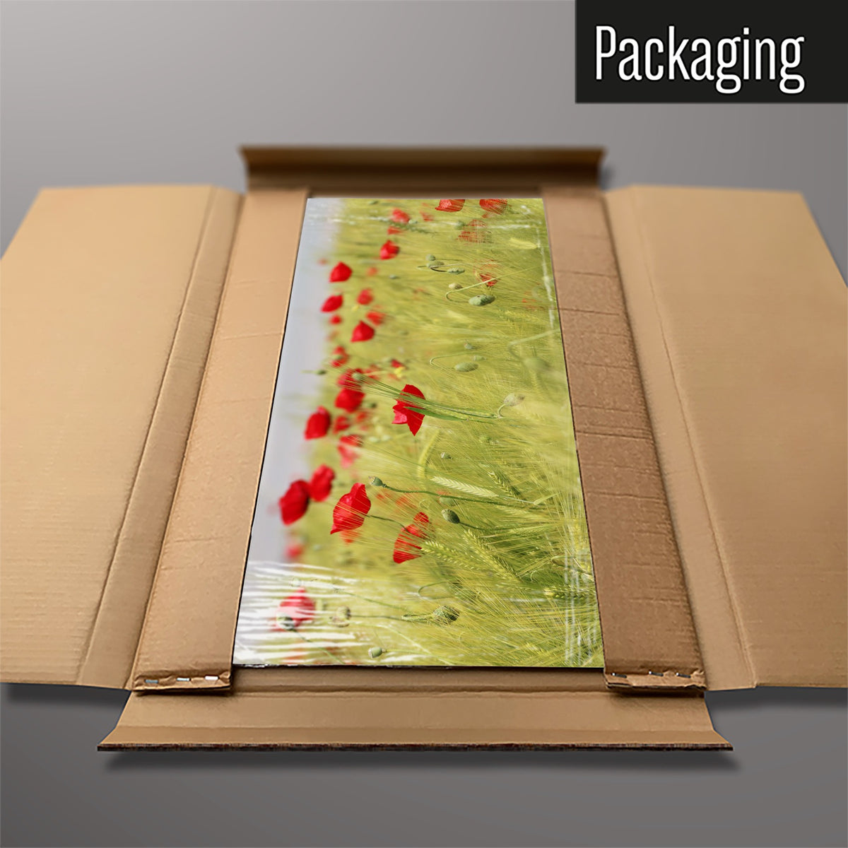 The Poppy Field magnetic notice board packed flat in its cardboard box