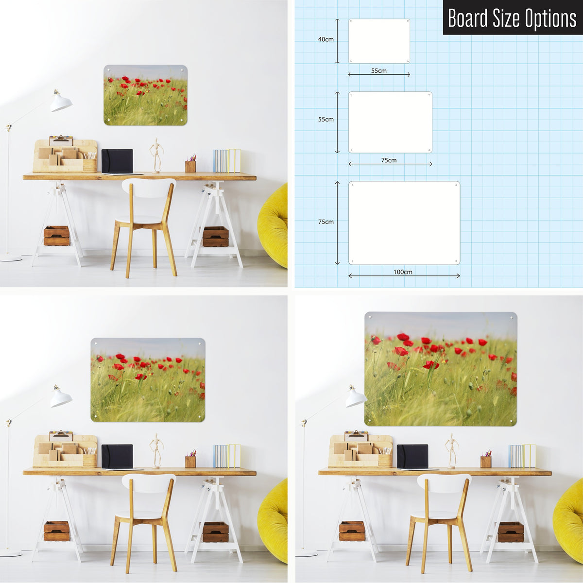 Poppy Field magnetic notice board shown in small, medium and large, with the measurements of each