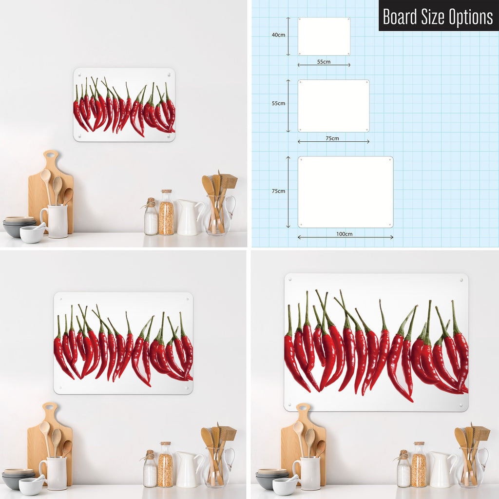 Red Chillies magnetic notice board in Red Chillies shown in small, medium and large, with the measurements of each