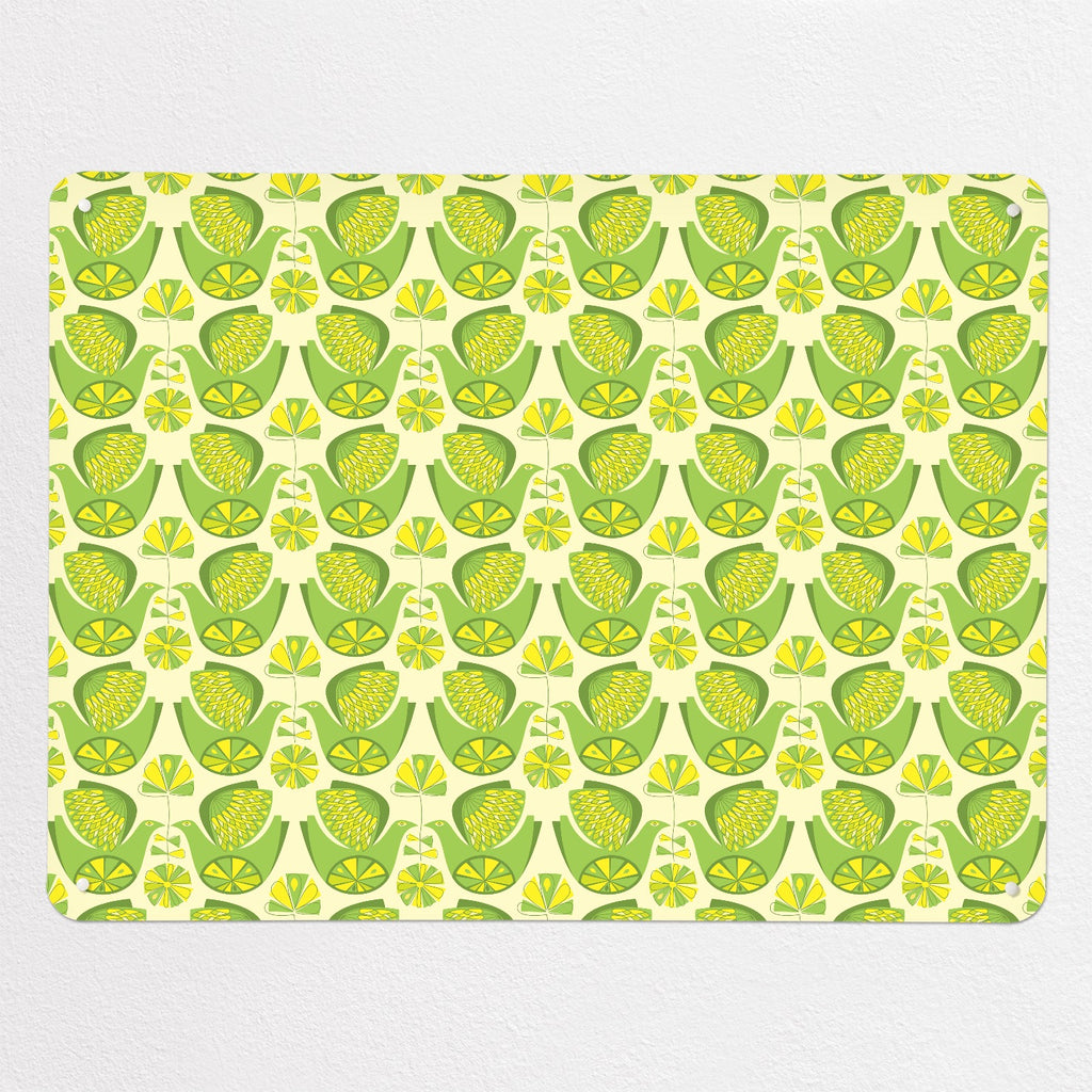 Retro Bird Pattern magnetic notice board in Citrus Bird Lemon & Lime, large size, 100 × 75 cm