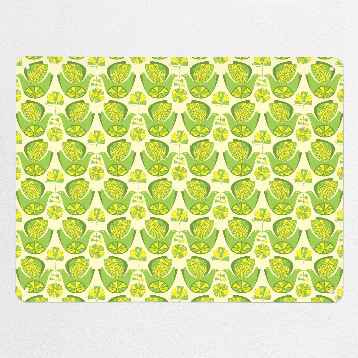 Retro Bird Pattern magnetic notice board in Citrus Bird Lemon & Lime, large size, 100 × 75 cm