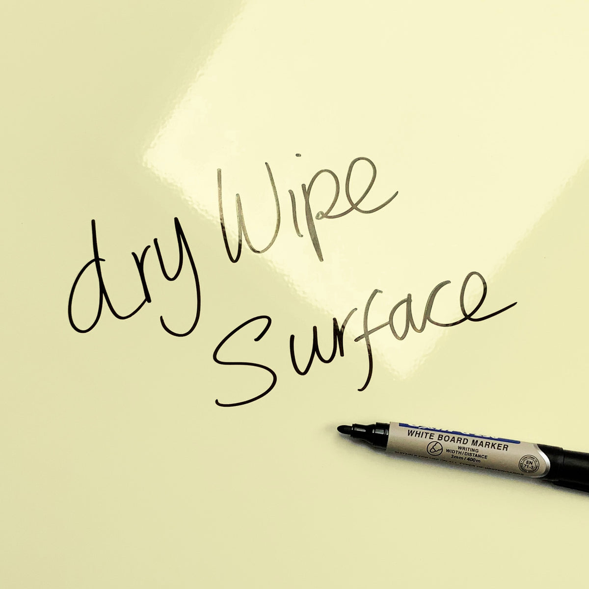 The words dry wipe surface written in marker pen on the Citrus Bird Lemon & Lime Retro Bird Pattern magnetic notice board