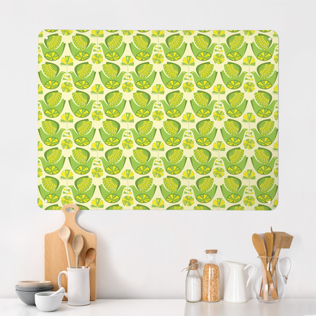 Retro Bird Pattern magnetic notice board in Citrus Bird Lemon & Lime on a kitchen wall