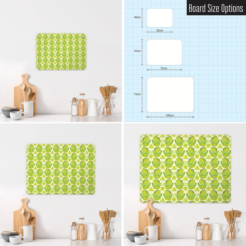 Retro Bird Pattern magnetic notice board in Citrus Bird Lemon & Lime shown in small, medium and large, with the measurements of each