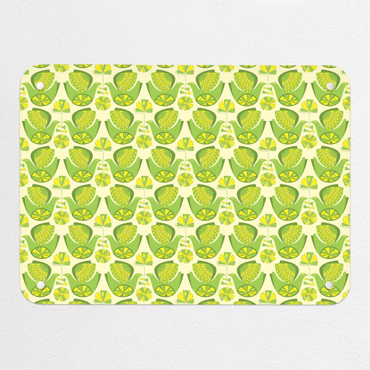 Retro Bird Pattern magnetic notice board in Citrus Bird Lemon & Lime, small size, 55 × 40 cm