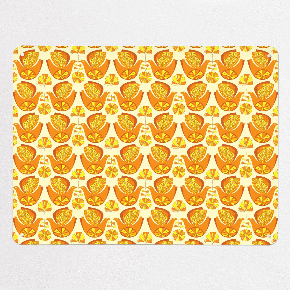 Retro Bird Pattern magnetic notice board in Citrus Bird Orange & Lemon, large size, 100 × 75 cm