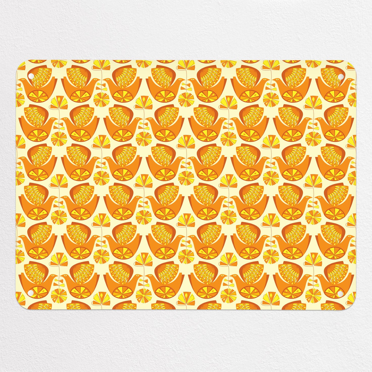 Retro Bird Pattern magnetic notice board in Citrus Bird Orange & Lemon, medium size, 75 × 55 cm