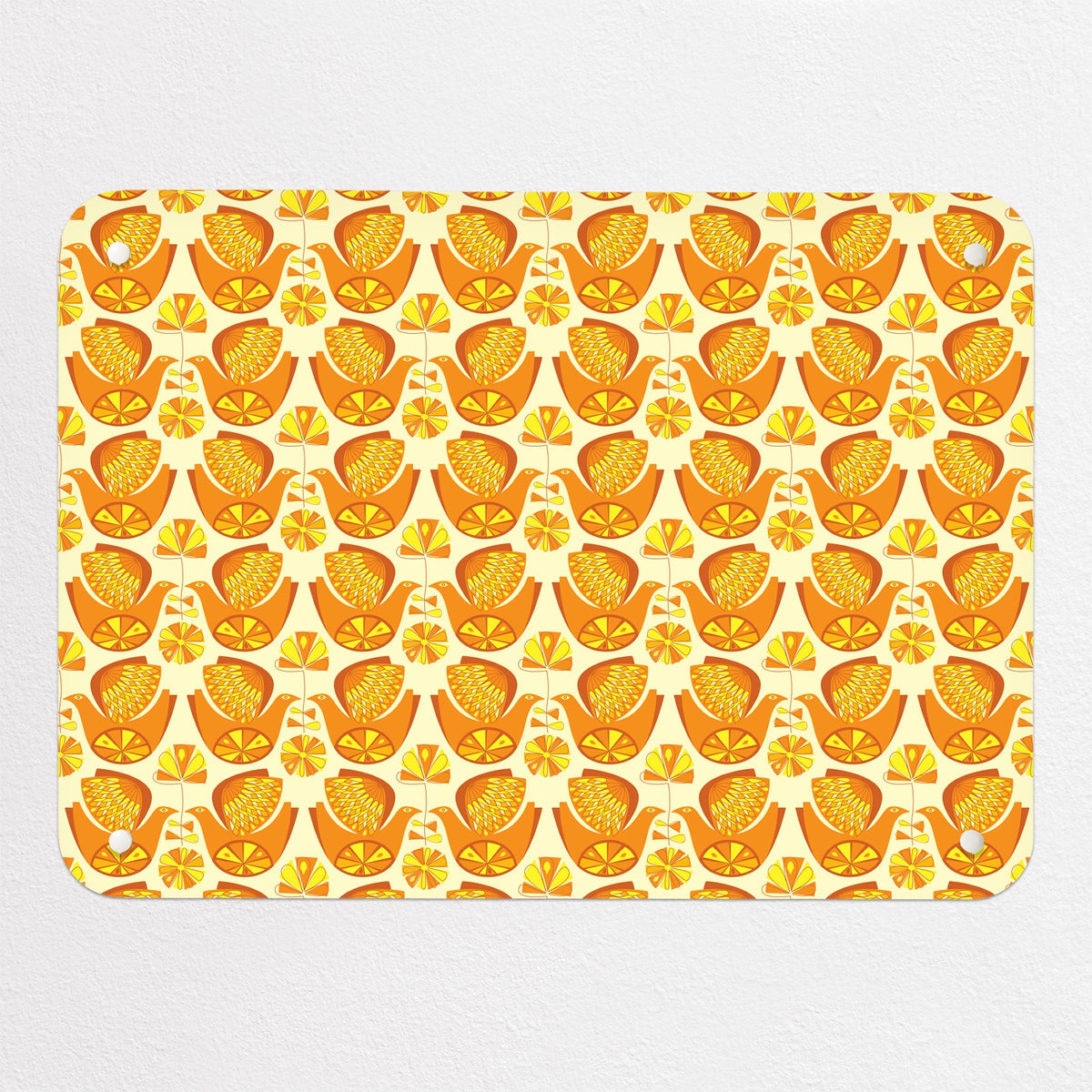 Retro Bird Pattern magnetic notice board in Citrus Bird Orange & Lemon, small size, 55 × 40 cm
