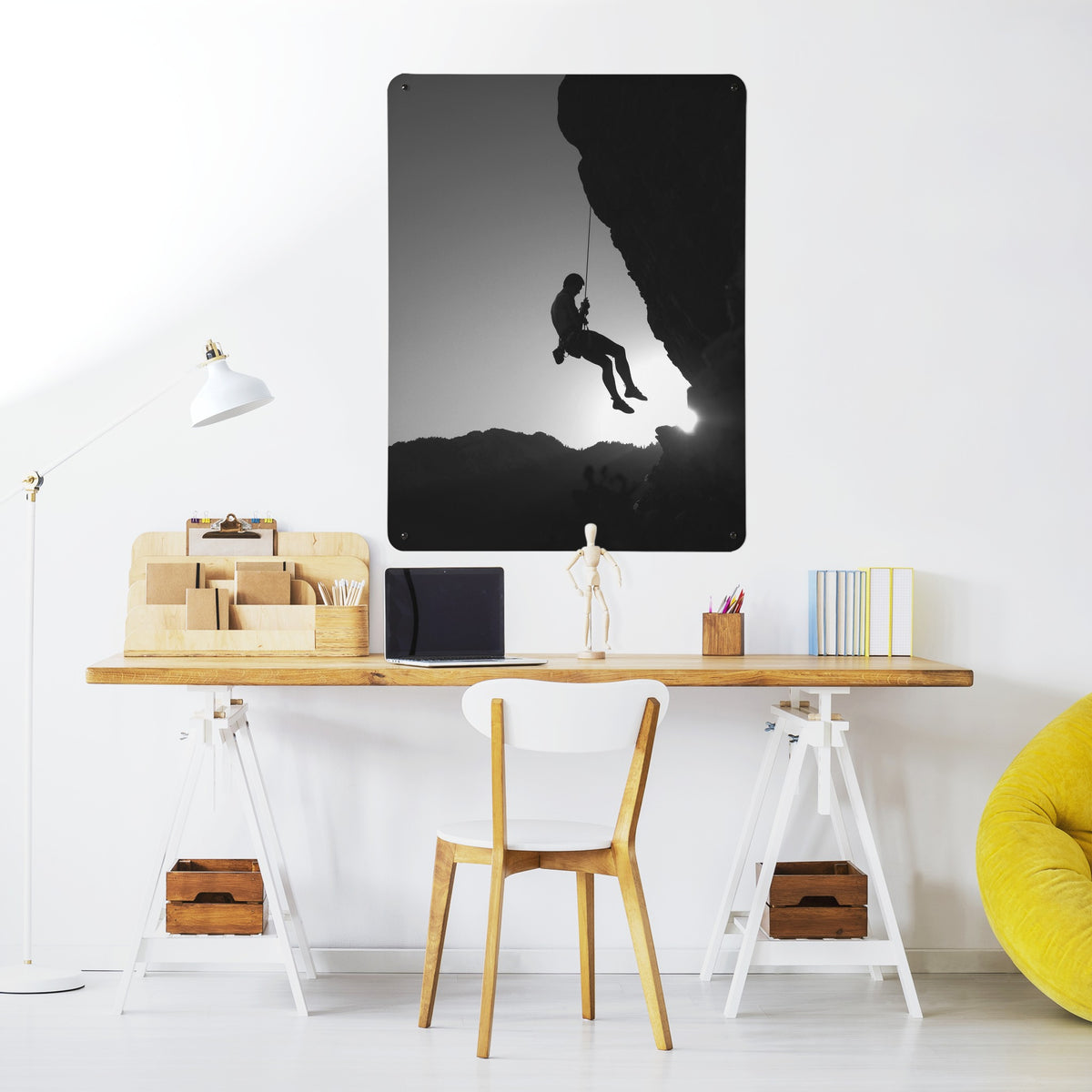 Rock Climbing magnetic notice board above a desk in a home office