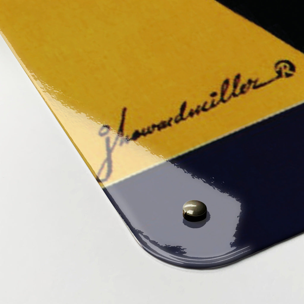 Close-up of the corner of the Rosie The Riveter magnetic notice board, showing the gloss finish and a screw cap