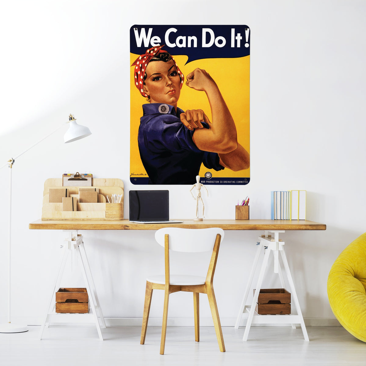 Rosie The Riveter magnetic notice board above a desk in a home office